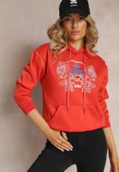 Pomarańczowa Modna Bluza z Nadrukiem i Kapturem Ozdobiona Nadrukiem Arinalu. Brązowe bluzy z kapturem damskie Renee, l, z polaru. Za 79.99 zł.