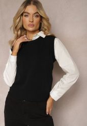Czarna Kamizelka z Klasyczną Koszulą Nellamira. Czarne kamizelki damskie Renee, bez wzorów, klasyczne, bez kołnierzyka, bez ramiączek. Za 129.99 zł.
