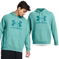 Bluza fitness męska UNDER ARMOUR Rival Fleece Logo z kapturem. Niebieskie bluzy sportowe męskie Under Armour, bez wzorów, sportowe, bez kołnierzyka, bez ramiączek. Za 244.00 zł.