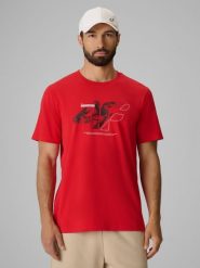 4F T-shirt regular z nadrukiem męski - czerwony L. Czerwone t-shirty męskie 4f, l, bez wzorów, z bawełny, bez kołnierzyka. Za 69.99 zł.