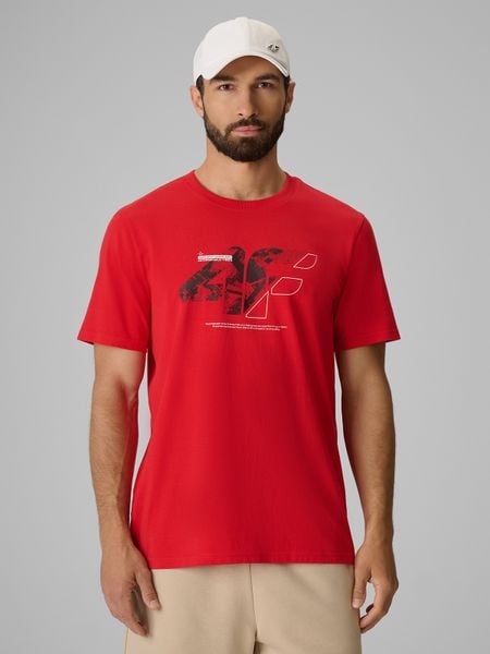 4F T-shirt regular z nadrukiem męski - czerwony L. Czerwone t-shirty męskie 4f, l, bez wzorów, z bawełny, bez kołnierzyka. Za 69.99 zł.