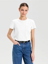Bawełniana koszulka z kieszonką - biały. Białe t-shirty damskie Sinsay, l, bez wzorów, z bawełny, bez kołnierzyka. Za 12.99 zł.