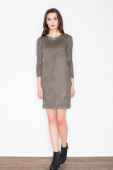 Oliwkowa Casualowa Sukienka z Imitacji Zamszu z Metalowymi Kółkami. Zielone sukienki damskie Figl, l, bez wzorów, z elastanu, bez kołnierzyka, bez ramiączek. Za 219.00 zł.