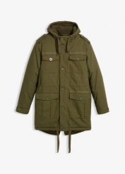 Zimowa parka z podszewką z kożuszka. Zielone parki męskie bonprix, na zimę, m, bez wzorów. Za 379.99 zł.