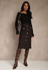 Czarna Tweedowa Spódnica Ołówkowa w Kratę z Guzikami Aretusa. Czarne spódniczki damskie Renee, m, bez wzorów, biznesowe, z podwyższonym stanem, midi, ołówkowe. Za 69.99 zł.