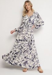 Niebieska Wiskozowa Sukienka w Abstrakcyjny Print z Gumką w Talii i Dekoltem w Serek Arpio. Niebieskie sukienki damskie Born2be, na co dzień, l, bez wzorów, z jeansu, eleganckie, bez kołnierzyka, bez ramiączek, maxi, rozkloszowane. W wyprzedaży za 143.99 zł.