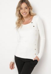 Biały Sweter Ozdobiony Metalowymi Napami Corettina. Białe swetry klasyczne damskie Born2be, m, z jeansu, bez kołnierzyka. Za 89.99 zł.
