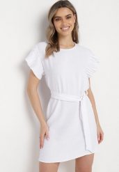 Biała Mini Sukienka Rozkloszowana z Paskiem w Talii i Ozdobnym Rękawem Allairi. Białe sukienki damskie Born2be, na imprezę, na lato, m, bez wzorów, bez kołnierzyka, bez ramiączek, mini, rozkloszowane. W wyprzedaży za 55.99 zł.