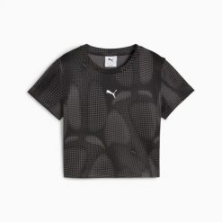 Koszulka sportowa damska Puma DARE TO AOP BABY 63214501. Czarne bluzki sportowe damskie Puma, l, z dzianiny, bez kołnierzyka, bez ramiączek. Za 108.31 zł.