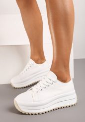 Białe Sznurowane Sneakersy Trampki na Grubej Podeszwie z Ozdobnym Bieżnikiem Sanque. Białe trampki i tenisówki damskie Born2be, bez wzorów, z bawełny. Za 49.99 zł.