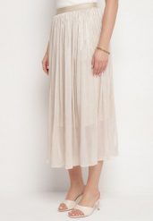 Beżowa Rozkloszowana Spódnica z Gumką w Talii Zdobiona Cyrkoniami Folinetia. Brązowe spódniczki damskie Born2be, l, z aplikacjami, eleganckie, midi, proste. Za 74.99 zł.