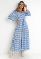 Niebieska Sukienka Rozkloszowana z Gumką w Pasie Mosho. Niebieskie sukienki damskie Born2be, na co dzień, l, bez wzorów, z tkaniny, boho, bez kołnierzyka, bez ramiączek, maxi, kopertowe. W wyprzedaży za 111.99 zł.