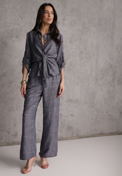 Niebieski Komplet z Wiskozą Bawełną i Lnem Wiązana Koszula i Szerokie Spodnie Ravisela. Niebieskie koszule damskie Renee, bez wzorów, z bawełny. Za 219.99 zł.