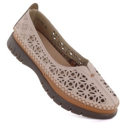 Skórzane półbuty damskie ażurowe beżowe Sergio Leone SP006. Brązowe półbuty damskie Sergio Leone, w ażurowe wzory, ze skóry, bez obcasa. Za 169.99 zł.