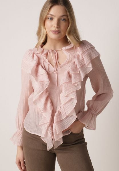 Różowa Bluzka z Lyocellem Ozdobiona Falbanami i Wiązaniem Esathra. Czerwone bluzki damskie Born2be, l, w ażurowe wzory, z jeansu, eleganckie, bez kołnierzyka, bez ramiączek. Za 99.99 zł.