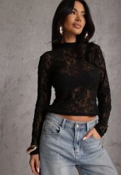 Czarna Bluzka Półgolf z Koronki Dinita. Czarne bluzki damskie Renee, s, bez wzorów, z jeansu, eleganckie, bez kołnierzyka, bez ramiączek. Za 84.99 zł.