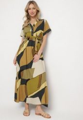 Zielona Sukienka Rozkloszowana z Wiskozy w Geometryczny Wzór z Paskiem Ranislla. Zielone sukienki damskie Born2be, na co dzień, l, bez wzorów, z wiskozy, eleganckie, bez kołnierzyka, bez ramiączek, maxi, rozkloszowane. W wyprzedaży za 79.99 zł.