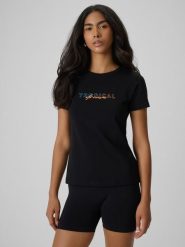 4F T-shirt slim z nadrukiem damski - czarny XL. Czarne t-shirty damskie 4f, l, bez wzorów, z bawełny, bez kołnierzyka. Za 59.99 zł.