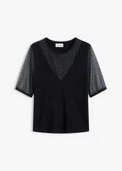 Sweter z cienkiej dzianiny z siateczkową wstawką. Czarne swetry klasyczne damskie bonprix, z dzianiny, bez kołnierzyka. Za 124.99 zł.
