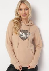 Beżowa Bluza Kangurka z Kapturem z Polarem i Nadrukiem z Sercem Sinha. Brązowe bluzy z kapturem damskie Born2be, l, z polaru. Za 84.99 zł.