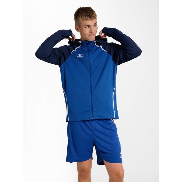 Zapinana na zamek bluza dresowa z kapturem Hummel Lead 2.0. Niebieskie bluzy sportowe męskie HUMMEL, bez wzorów, z dresówki, sportowe, bez kołnierzyka, bez ramiączek. Za 273.80 zł.