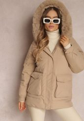 Beżowa Kurtka Pudełkowa z Odpinanym Futerkiem Bastebius. Brązowe kurtki damskie Renee, l, z aplikacjami, z jeansu. Za 249.99 zł.