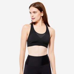 Stanik sportowy Decathlon. Czarne biustonosze sportowe damskie KALENJI, bez wzorów, z elastanu. Za 29.99 zł.