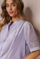 Fioletowa Koszula z Haftowanymi Rękawami Blam. Fioletowe koszule damskie Renee, l, bez wzorów, z jedwabiu, eleganckie, bez kołnierzyka, bez ramiączek. Za 84.99 zł.