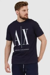 ARMANI EXCHANGE Granatowy t-shirt męski z dużym logo. Niebieskie t-shirty męskie Armani Exchange, l, bez wzorów, prążkowane, bez kołnierzyka. W wyprzedaży za 159.99 zł.