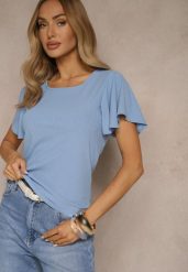 Niebieska Bluzka z Rozkloszowanymi Rękawami Sunelva. Niebieskie bluzki damskie Renee, m, bez wzorów, z jeansu, eleganckie, bez kołnierzyka, bez ramiączek. Za 34.99 zł.