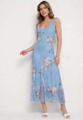 Niebieska Siateczkowa Sukienka z Kwiatowym Motywem Milanessa. Niebieskie sukienki damskie Born2be, na co dzień, m, z aplikacjami, z jeansu, eleganckie, bez kołnierzyka, bez ramiączek, maxi, proste. W wyprzedaży za 95.99 zł.