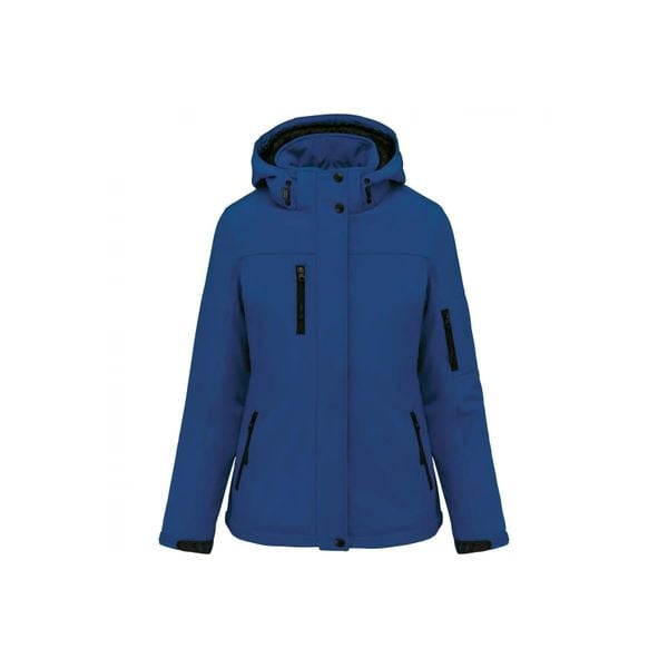 Kurtka damska z kapturem, ocieplana, softshell Kariban. Niebieskie kurtki damskie KARIBAN, m, bez wzorów, z elastanu, z kapturem. Za 383.50 zł.