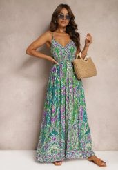 Zielono-Fioletowa Rozkloszowana Sukienka z Wiskozy na Regulowanych Ramiączkach w Stylu Boho Yalfea. Zielone sukienki damskie Renee, na lato, s, bez wzorów, z materiału, boho, bez kołnierzyka, bez ramiączek, maxi, rozkloszowane. W wyprzedaży za 59.49 zł.