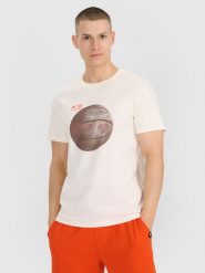 4F T-shirt regular z nadrukiem męski - biały M. Białe t-shirty męskie 4f, m, bez wzorów, z bawełny, bez kołnierzyka. W wyprzedaży za 49.99 zł.