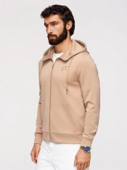 Rozpinana bluza męska z kapturem z gładkiej dzianiny - beżowa V3 - Rozmiar: XL. Brązowe bluzy z kapturem męskie Ombre Clothing, m, z dzianiny. Za 229.99 zł.