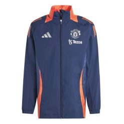 Kurtka dresowa zewnętrzna Manchester United 2024/25. Niebieskie kurtki męskie Adidas, bez wzorów, z dresówki, sportowe, bez kaptura. W wyprzedaży za 325.00 zł.