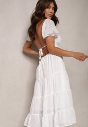 Biała Sukienka z Odkrytymi Plecami Nephia. Białe sukienki damskie Renee, l, bez wzorów, z tkaniny, eleganckie, bez kołnierzyka, bez ramiączek, midi, rozkloszowane. W wyprzedaży za 139.99 zł.