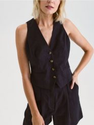 Lniana kamizelka - czarny. Czarne kamizelki damskie Reserved, l, z tkaniny. W wyprzedaży za 139.99 zł.