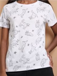 Koszulka all over w koty - biały. Białe t-shirty damskie Sinsay, l, bez wzorów, bez kołnierzyka. Za 12.99 zł.