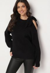 Czarny Sweter Ozdobiony Kokardą i Wycięciem Noredi. Czarne swetry klasyczne damskie Born2be, na zimę, z jeansu, bez kołnierzyka. Za 119.99 zł.