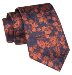 Modny Krawat Męski - Alties - Niebieski w Miedziane Kwiaty. Niebieskie krawaty i muchy męskie Alties, bez wzorów, z tkaniny, eleganckie. Za 49.00 zł.