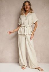 Beżowy Komplet z Bawełną Spodnie i Koszula z Paskiem Rinaretea. Brązowe koszule damskie Renee, bez wzorów, z bawełny, eleganckie. Za 129.99 zł.