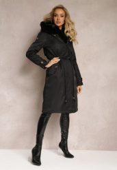Czarna Długa Kurtka Parka Nylonowa Płaszcz z Futrzanymi Wstawkami Rinale. Czarne kurtki damskie Renee, l, bez wzorów, z futra. Za 219.99 zł.