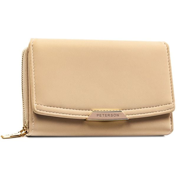Beżowy portfel damski ze skóry ekologicznej w orientacji poziomej Peterson PTN 001-THU. Brązowe portfele damskie Peterson, bez wzorów, ze skóry ekologicznej. Za 69.99 zł.