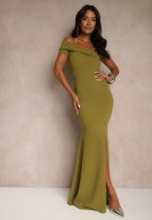 Jasnozielona Sukienka Koktajlowa Typu Hiszpanka z Rozcięciem na Nogę Hallomea. Zielone sukienki damskie Renee, m, bez wzorów, eleganckie, bez kołnierzyka, bez ramiączek, maxi. Za 109.99 zł.