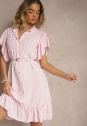Różowa Koszulowa Sukienka Ozdobiona Falbankami i Guzikami Tenelora. Czerwone sukienki damskie Renee, na co dzień, bez wzorów, eleganckie, bez kołnierzyka, bez ramiączek, midi, koszulowe. W wyprzedaży za 59.49 zł.