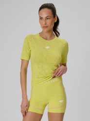 4F Koszulka treningowa slim szybkoschnąca damska - zielona L. Zielone bluzki damskie 4f, l, bez wzorów, z materiału, bez kołnierzyka. Za 119.99 zł.