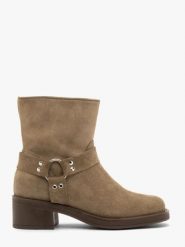 Oliwkowe botki biker boots. Zielone botki damskie Ryłko, z jeansu, eleganckie, za kostkę, bez obcasa, na obcasie, bez zapięcia. Za 479.99 zł.