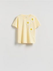 T-shirt z szydełkowaną aplikacją - jasnożółty. Żółte t-shirty damskie Reserved, l, z aplikacjami, z bawełny, bez kołnierzyka. Za 79.99 zł.