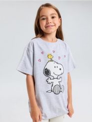 Bawełniana koszulka z ozdobną koronką na rękawach Peanuts - szary. Szare koszulki dziewczęce Sinsay, l, bez wzorów, z bawełny, bez ramiączek. Za 15.99 zł.